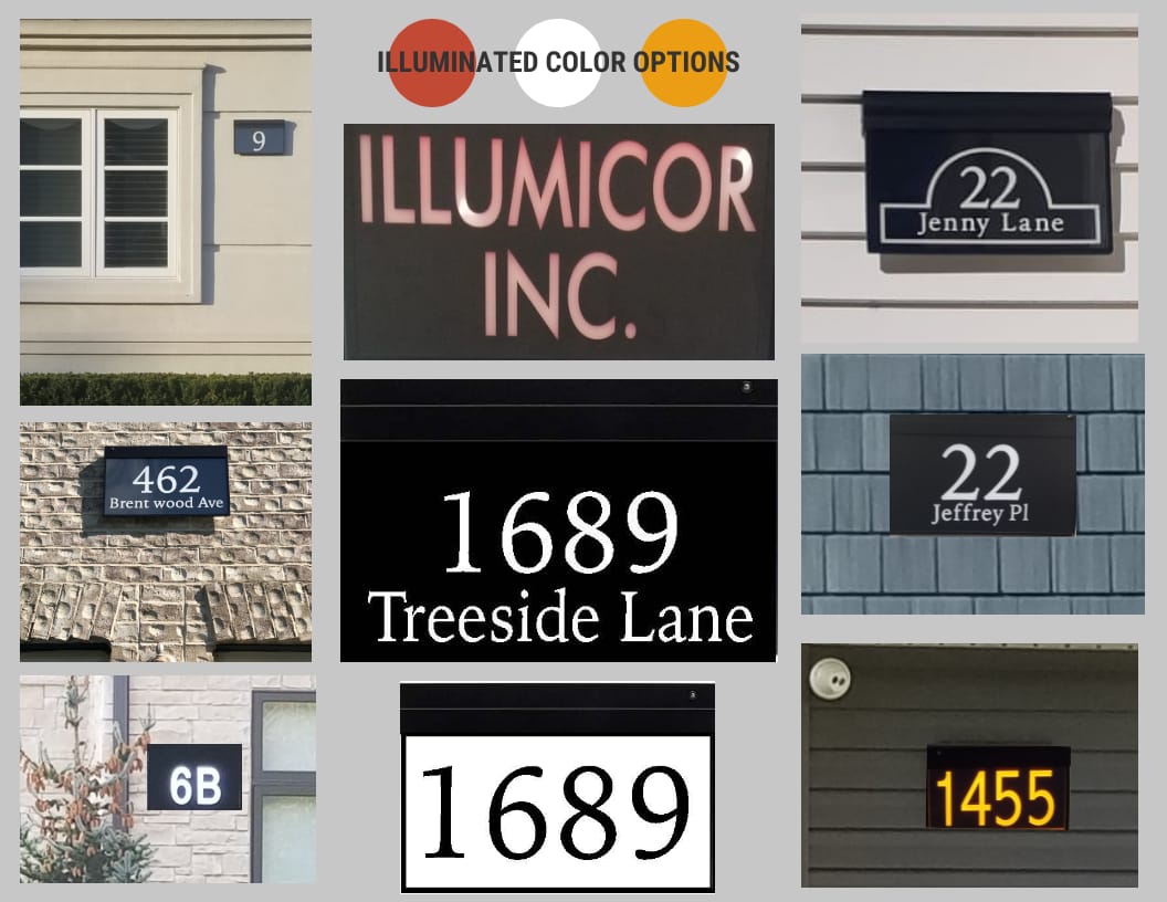 Light-up address signs installed on real homes — lighted house numbers in white, red, and amber LED illumination